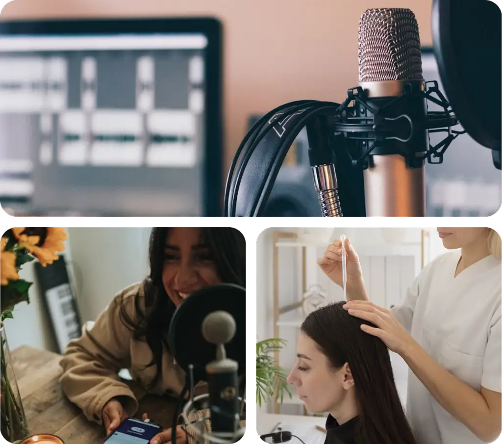 Collage aus Podcast-Mikrofon, einer Frau am Mikrofon und einer Friseurszene