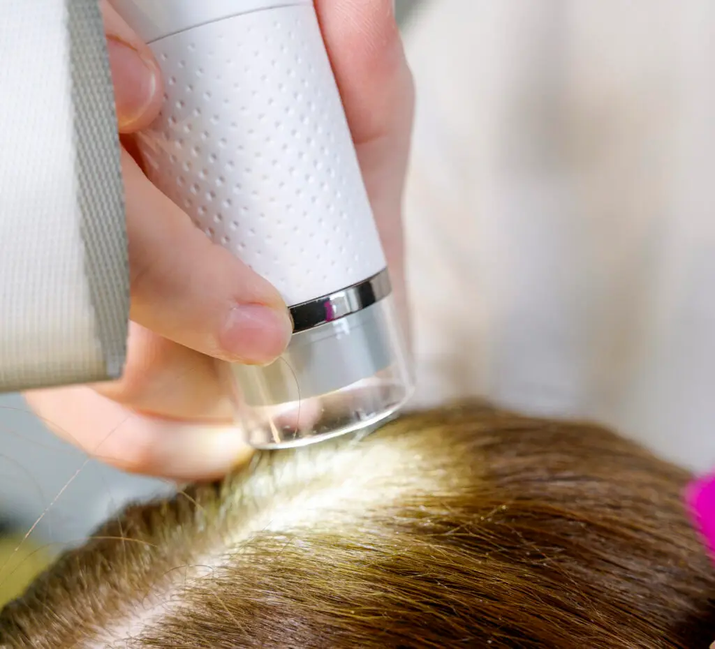 Hand hält ein Analysegerät an die Kopfhaut zwischen den Haaren